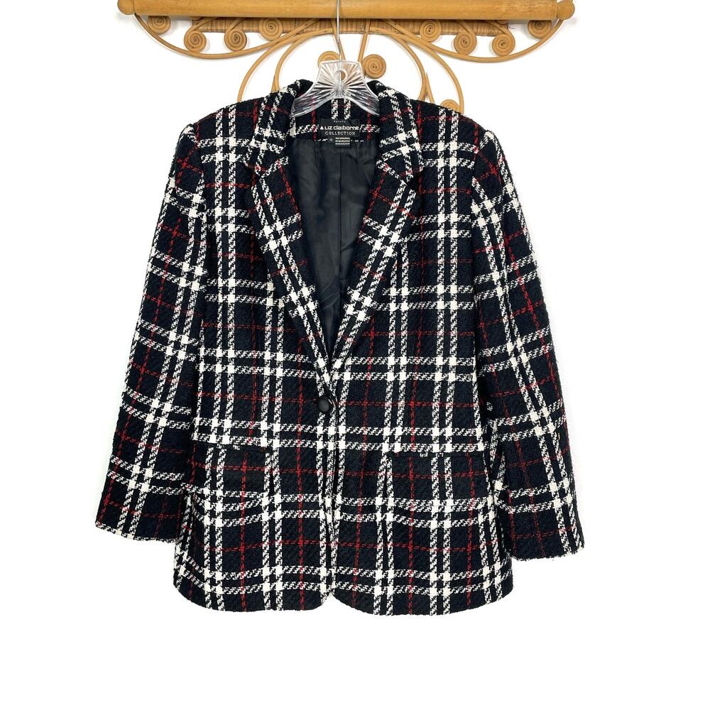 Vintage Liz Claiborne black, red plaid wool blazer 10p